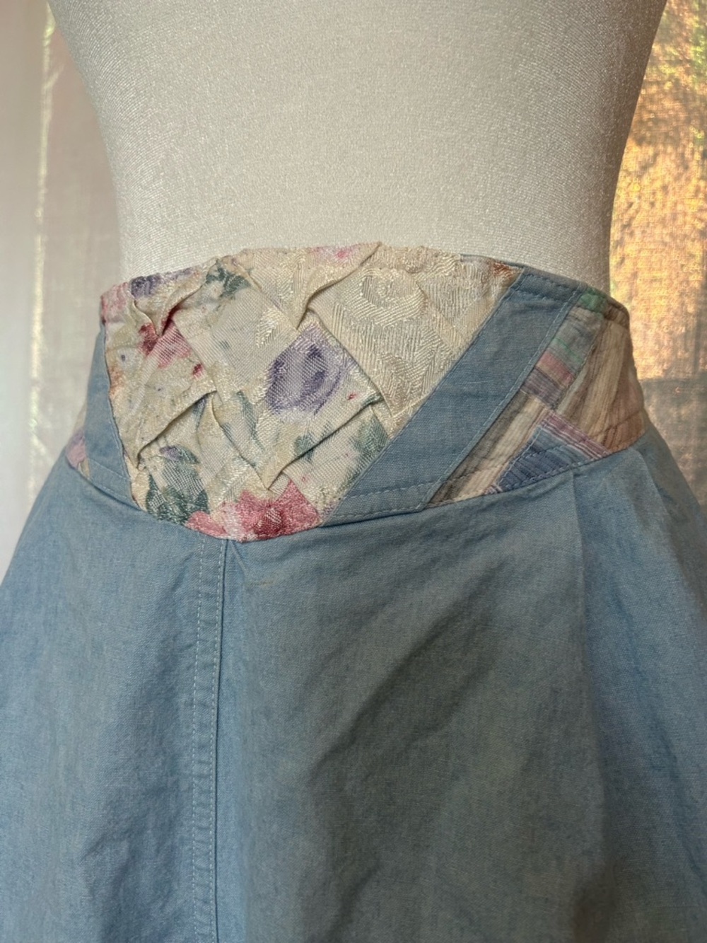 Vintage Light Blue 100% Cotton Skirt with Floral Waistband